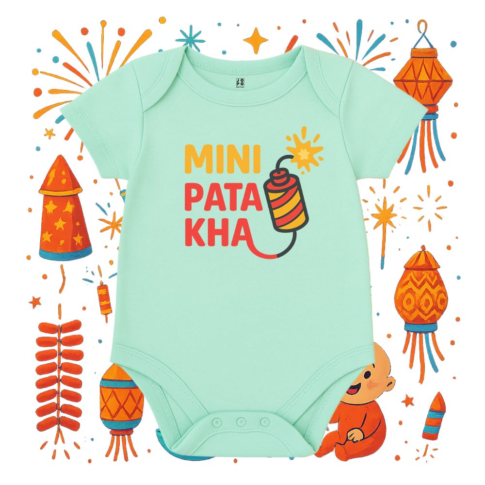 Mini Patakha Baby Romper | Cute Festive Diwali Infant Onesie in Mint Green